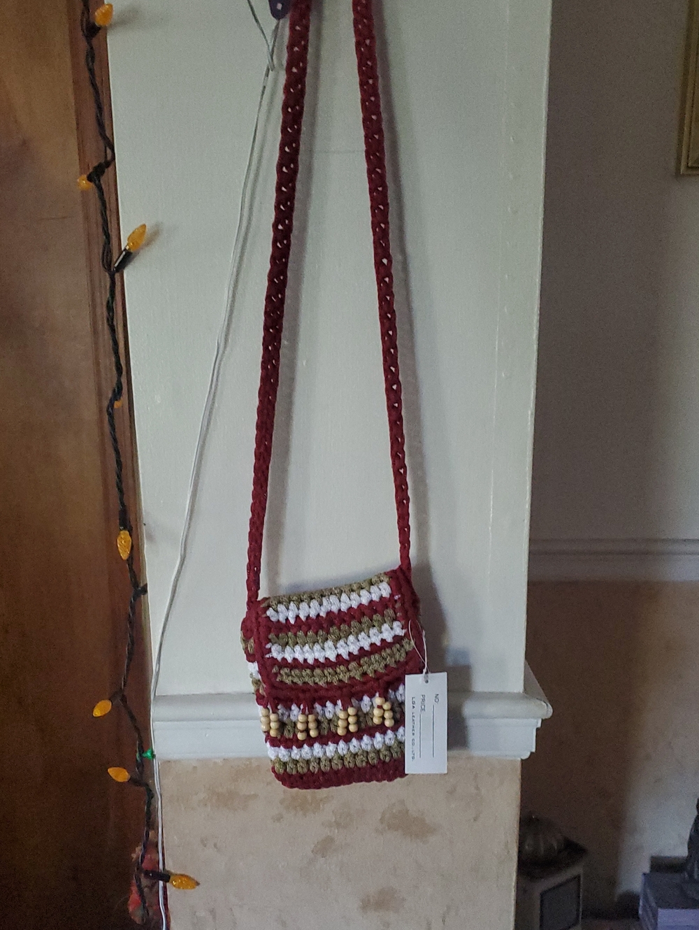 Handmade Crocheted Crossbody Bag in Burgundy, White & tan by LGA Leather co